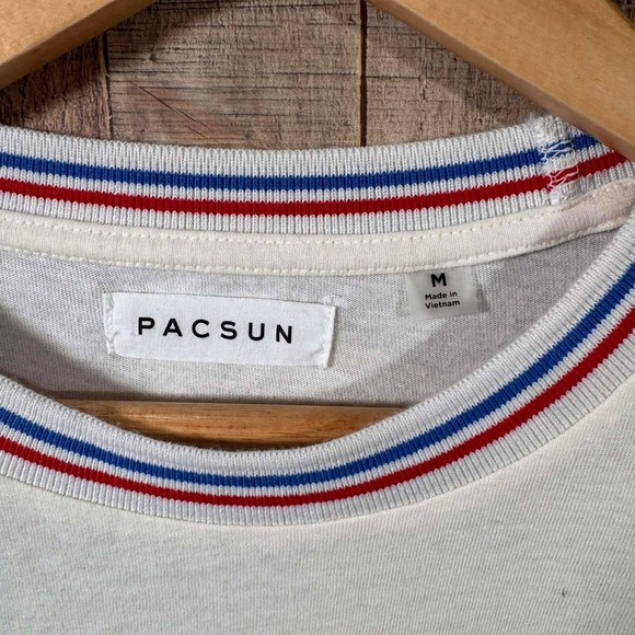 PacSun Discover Embroidered Long Sleeve Tee Mens Medium Cream Striped Collar Y2K - Picture 3 of 6